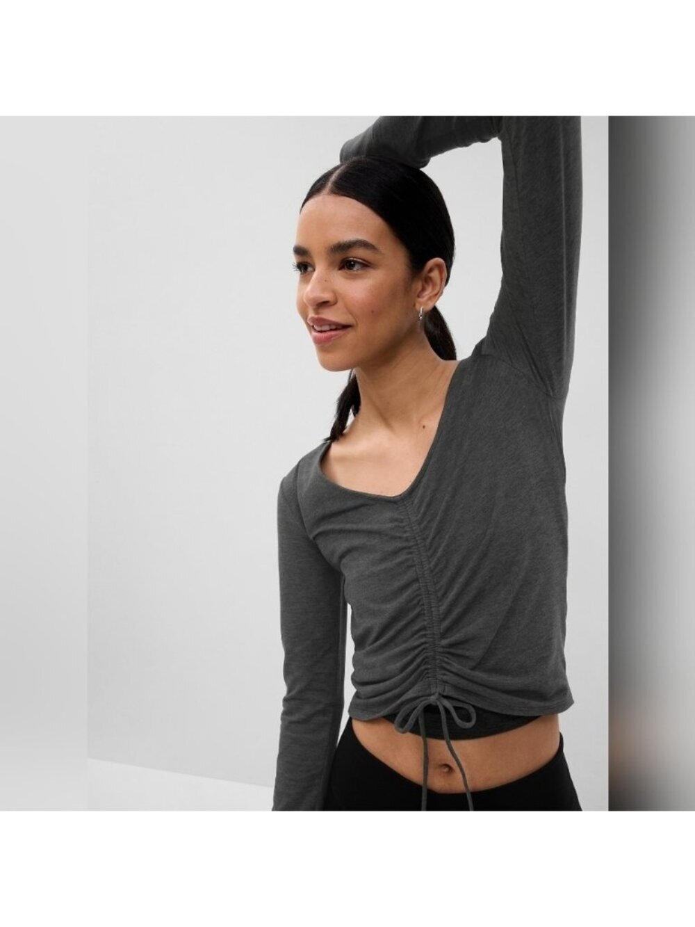 GapFit Brushed Jersey Cropped Cinch T-Shirt Crop V-Neck Gray Long Sleeve top xxl